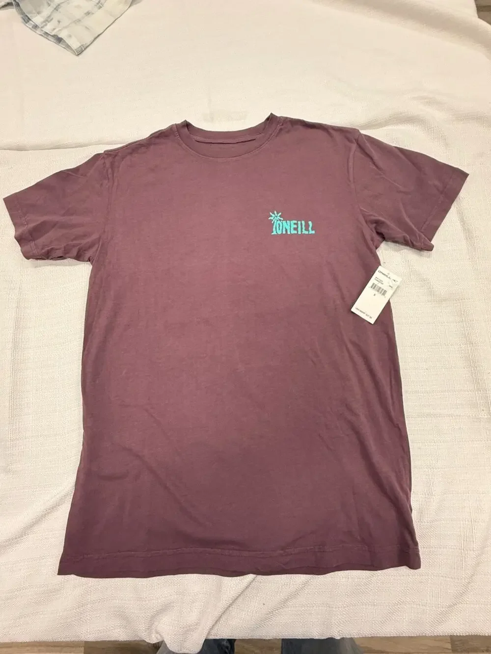 O'Neill Mens Small Purple Graphic T-Shirt NWT Garment Dye Beach Sunset Palm Tree